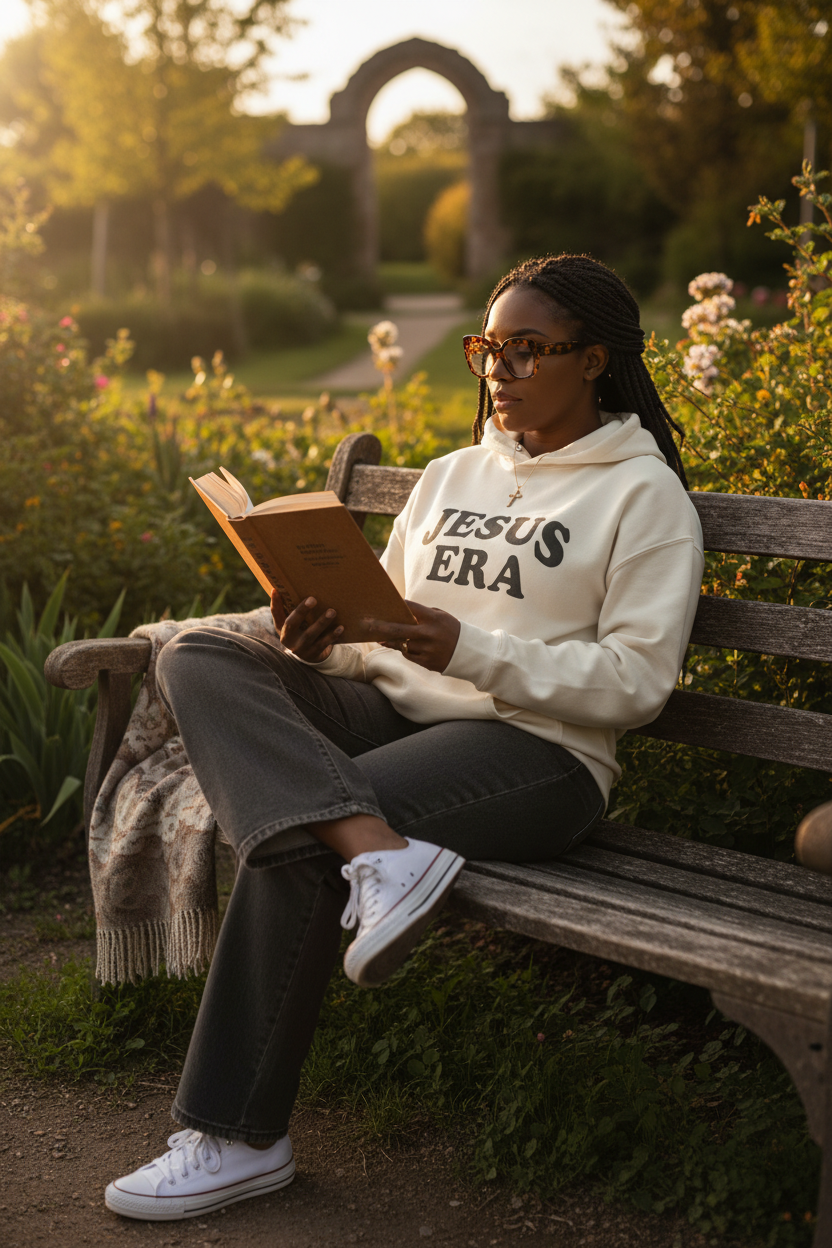 African American woman in Jesus Era hoodie reading on a bench