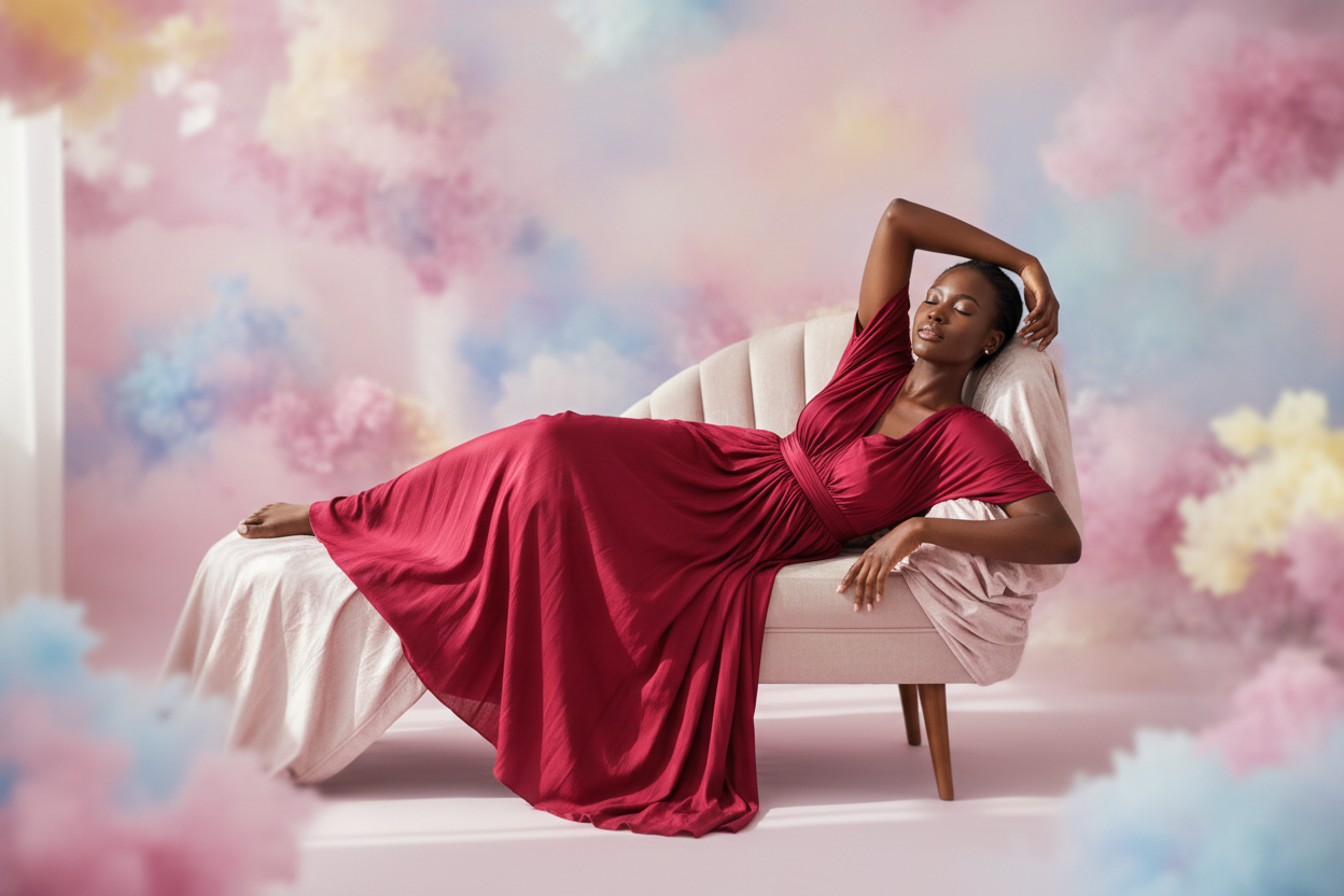 African American woman in red knee length short sleeve dress