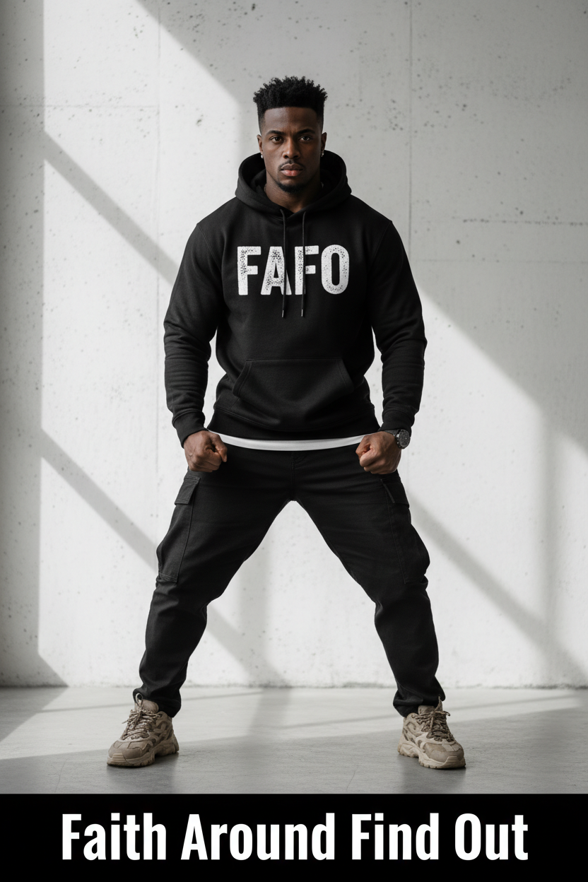 Athletic African American man in FAFO hoodie with Faith Around Find Out text
