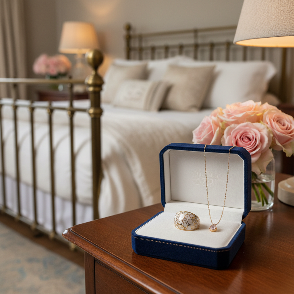 Bloom Again Enamel Ring in jewelry box with necklace in bedroom setting