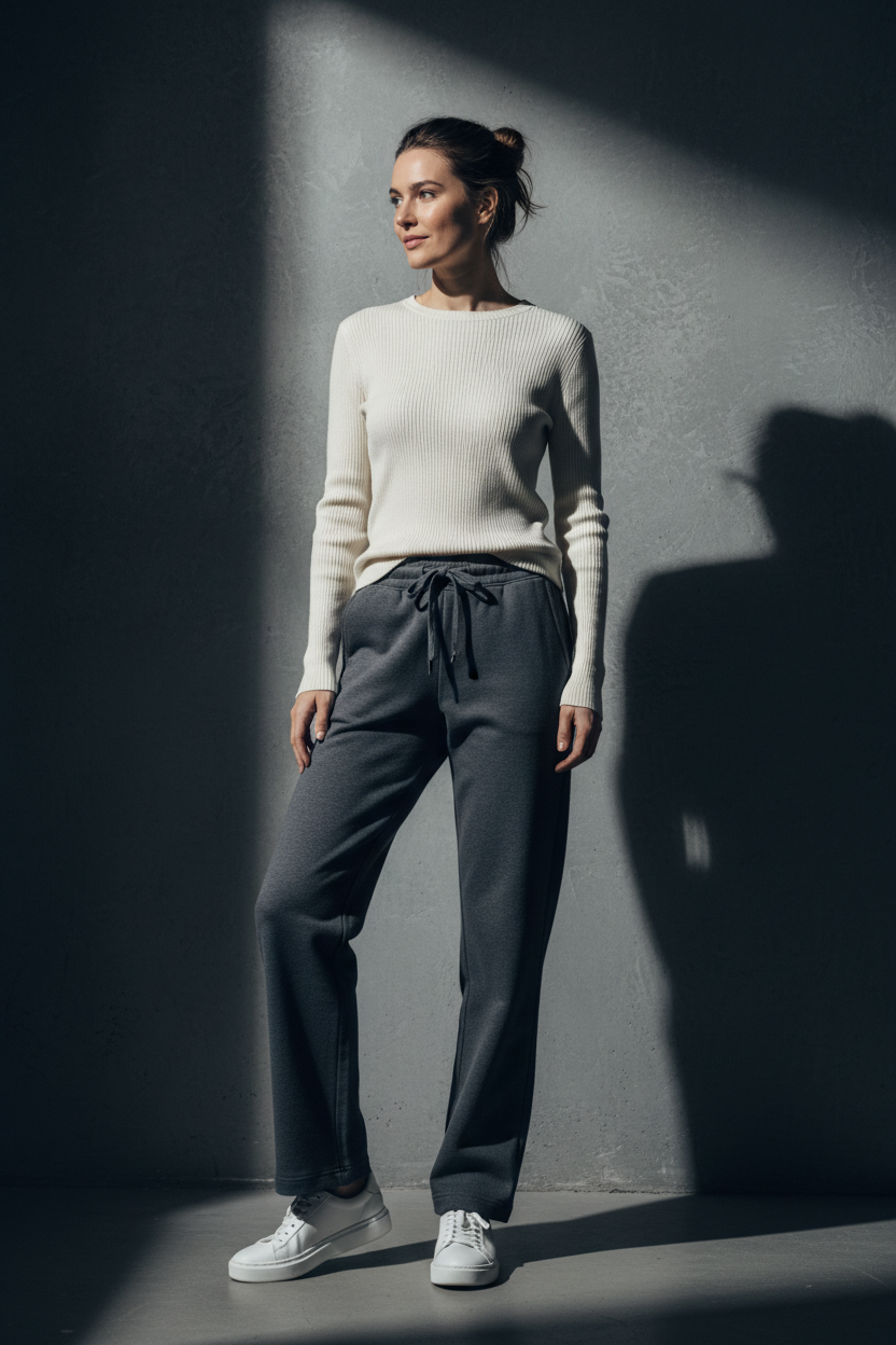 Caucasian woman in straight leg sweatpants with dark background
