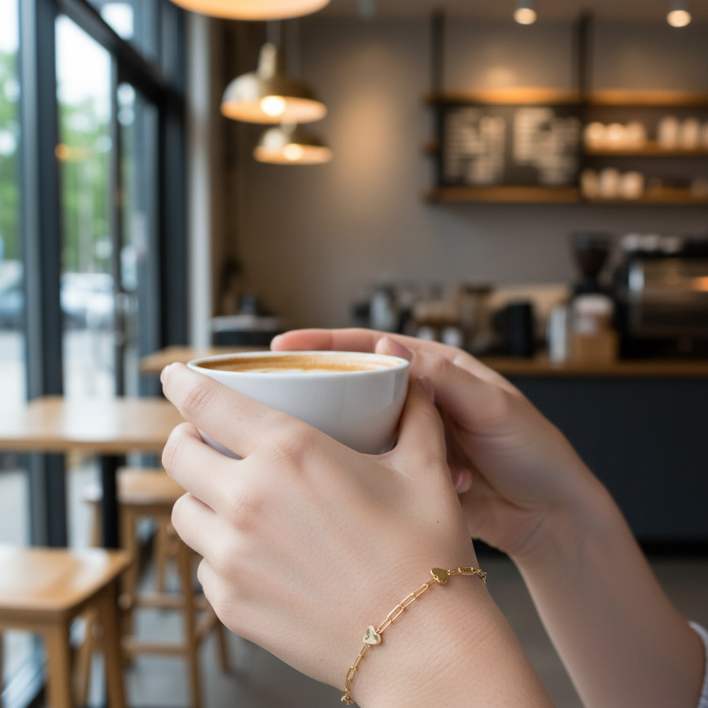 Heart Paperclip Chain Bracelet on woman's wrist at coffee shop