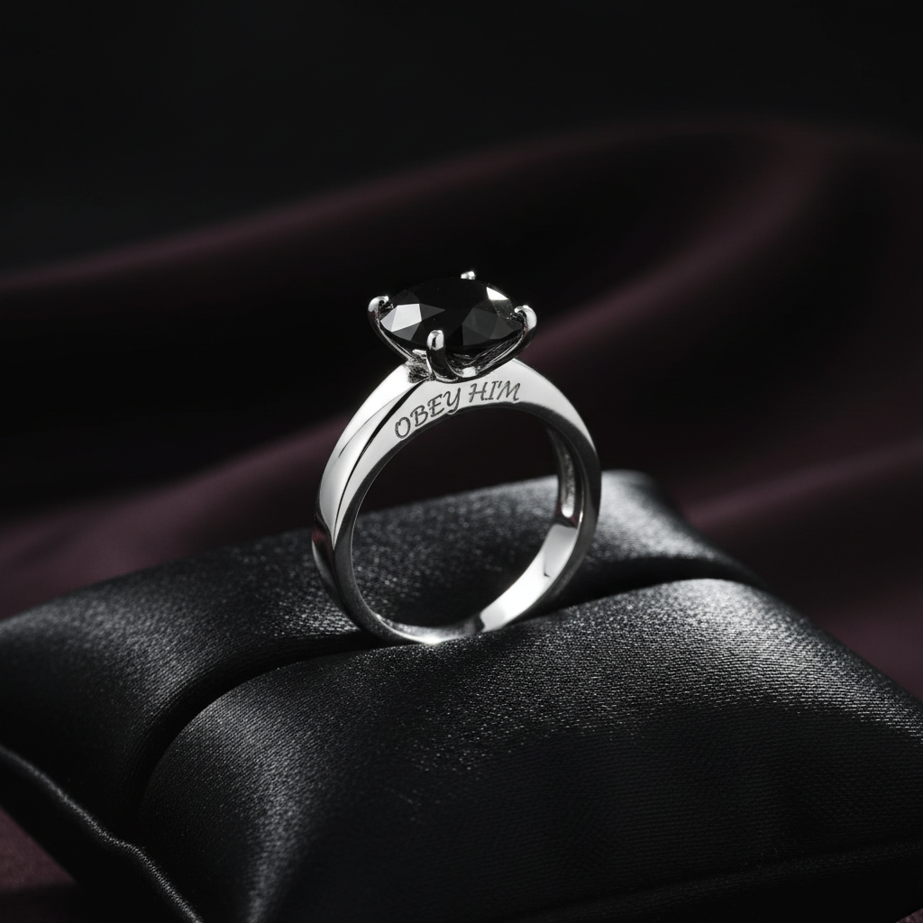 Obey Him ring on black satin pillow