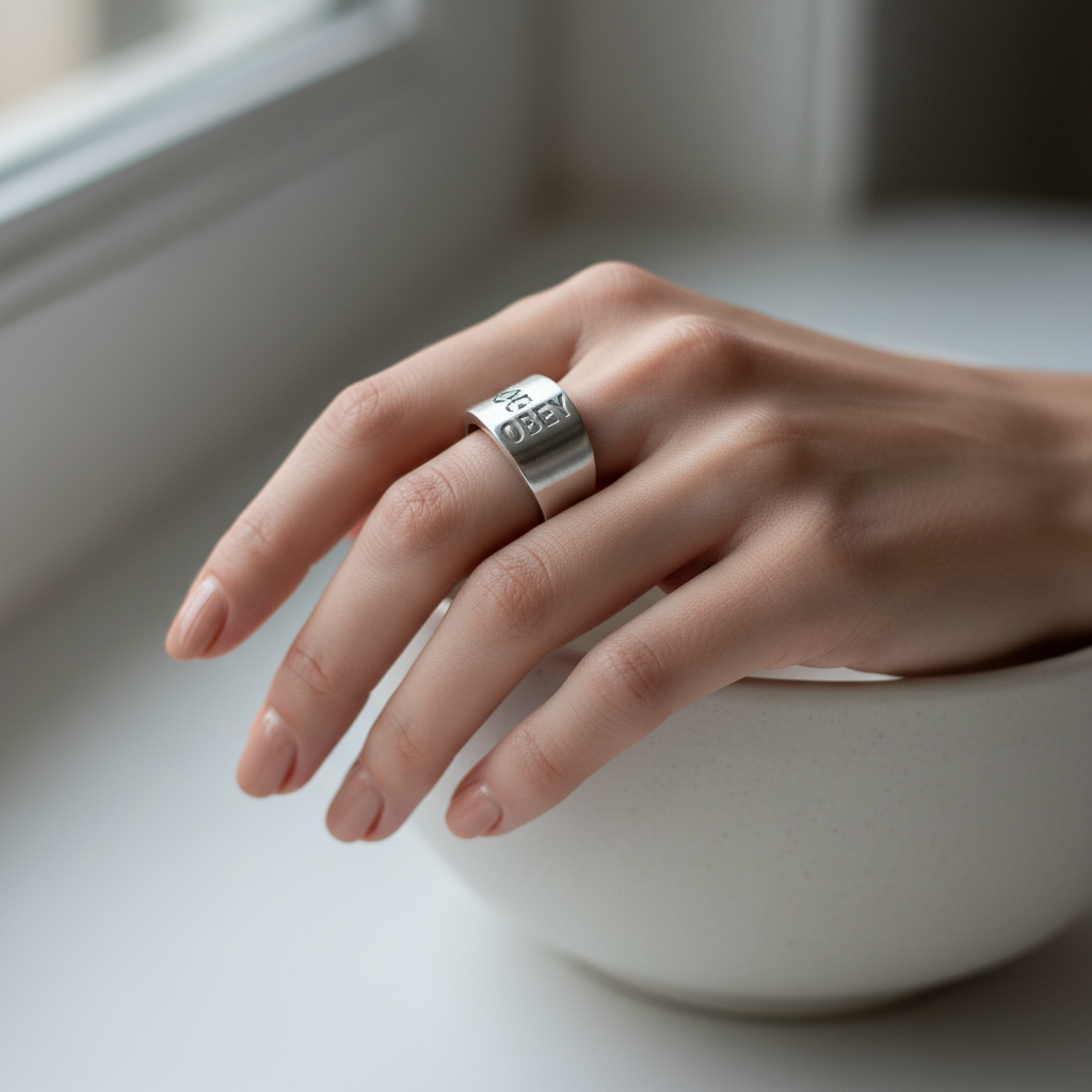 Obey ring on a woman's finger