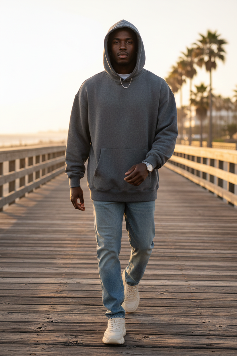 Young man in heavyweight hoodie on boardwalk